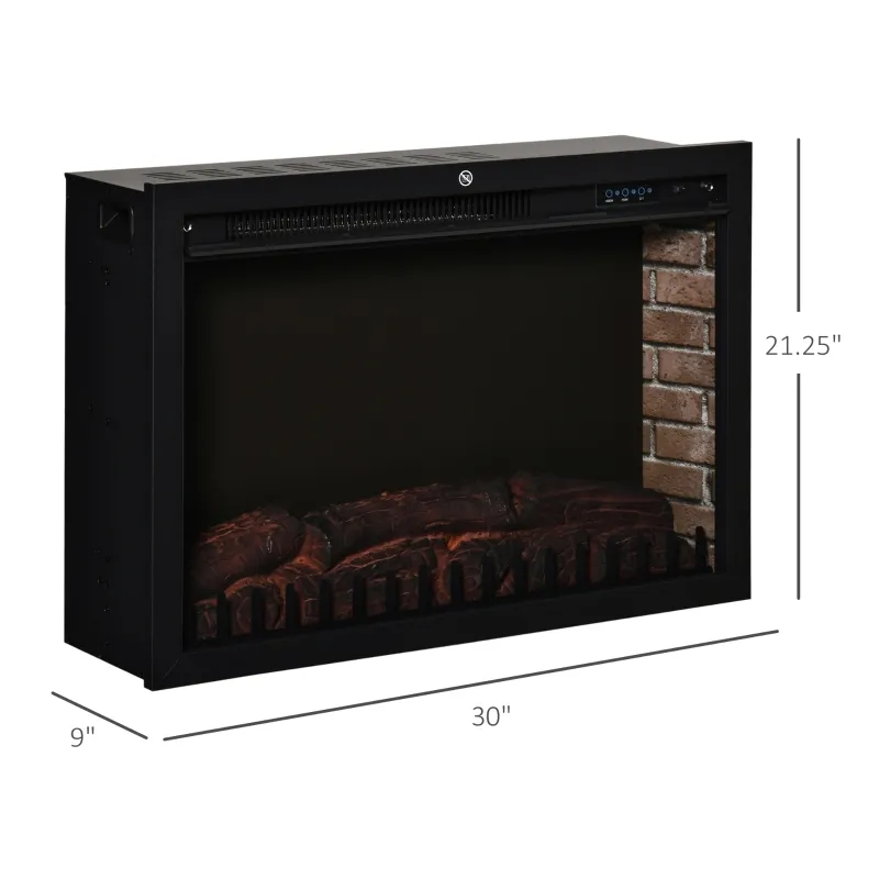 HOMCOM 30" Electric Fireplace Insert, Modern Recessed Fireplace Heater with Realistic Flame, Adjustable Brightness, and Remote Control, Heats 215 Sq. Ft., 750/1500W, Black