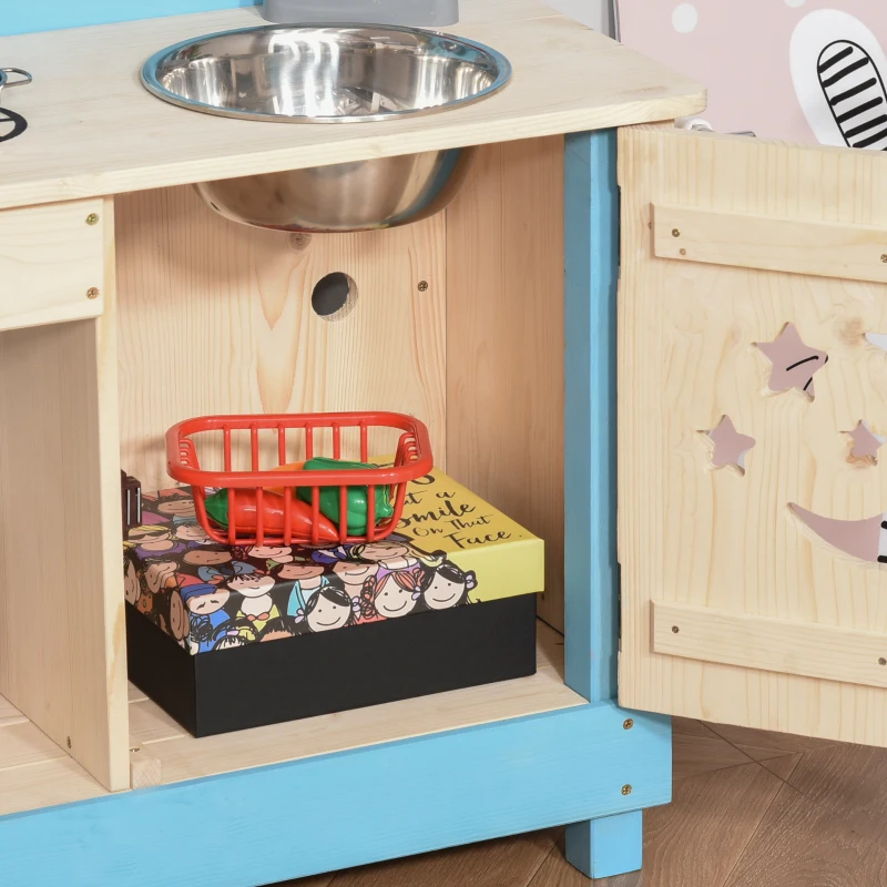 Outsunny Wooden Kids Kitchen with Pots and Pans, Storage Shelf Cabinet, Side Hanger, Sun, Moon, Star Pattern for 3+