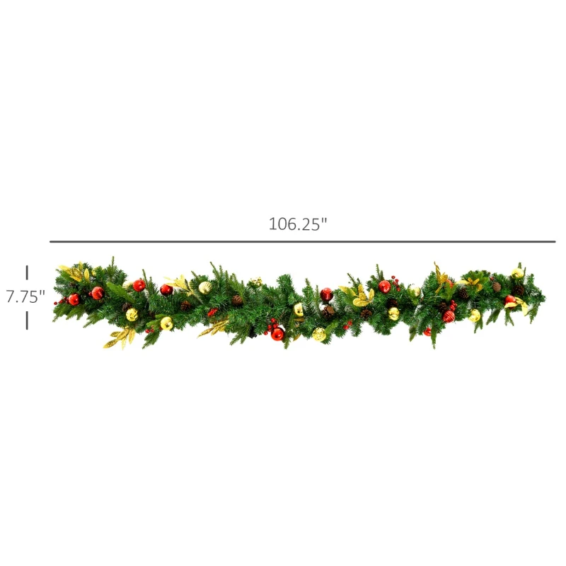 HOMCOM 9FT Pre-Lit Christmas Garland Decoration Artificial Greenery w/ Pine Cone  Ball