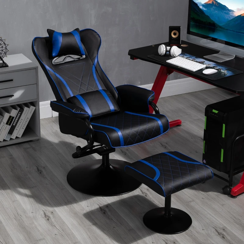 Vinsetto High Back Video Gaming Recliner with Ottoman, Racing Style PC Computer Office Chair, Swivel with Headrest & Lumbar Support, Adjustable Height, Black/Blue