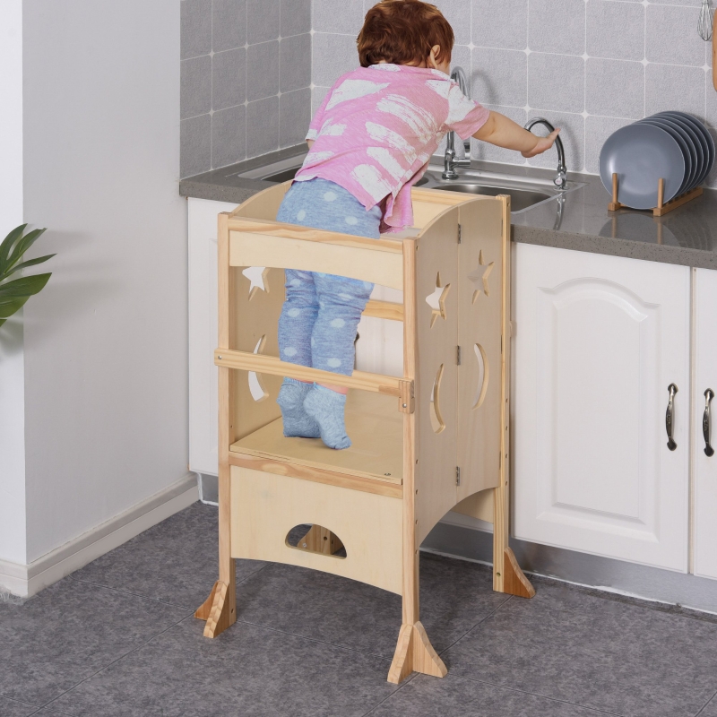 Qaba Step Stool with Support Handles, Safety Rail and Non-Slip, Learning Tower Hardwood Stepping Stool for kids and Toddlers, Counter Step -p HelperKids Footstool Natural