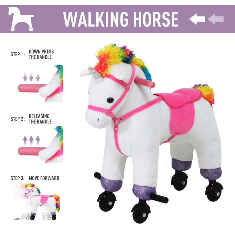 Qaba Kids Plush Toy Ride-on Rocker Unicorn Horse Rolling Pony w/ Realistic Sound - White