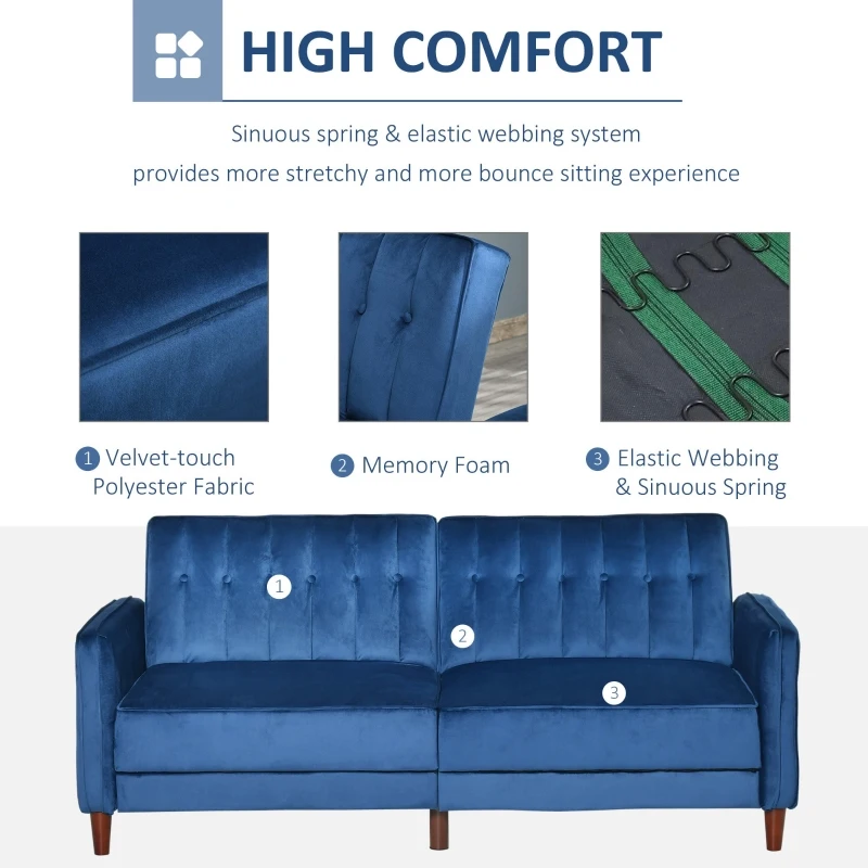 HOMCOM Convertible Sofa Sleeper Futon with Split Back Design Recline, Thick Padded Velvet-Touch Cushion Seating and Wood Legs, Blue