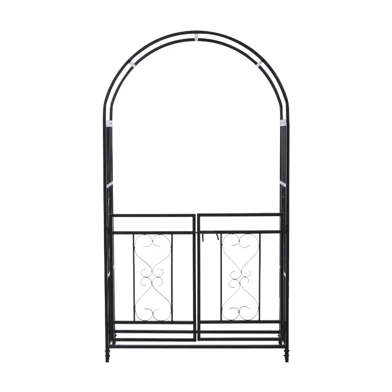 Outsunny 81" Metal Garden Arbor with Double Doors, Locking Gate, Climbing Vine Frame with Heart Motifs, Arch for Wedding, Bridal Party Decoration, Grey