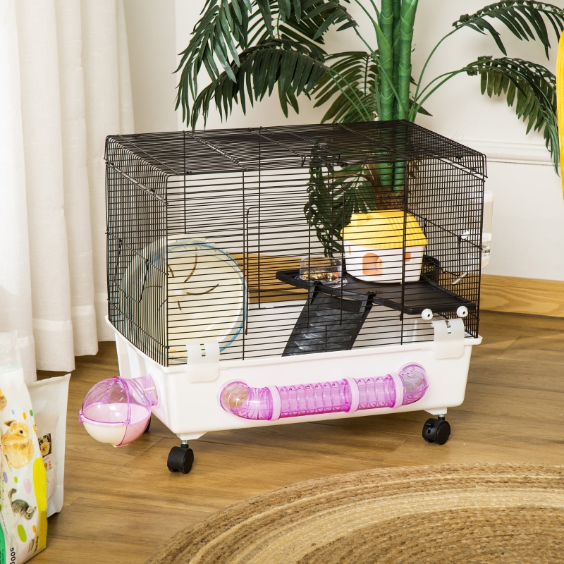 PawHut Hamster Cage, Gerbil Haven, Multi-storey Rodent House, Small Animal Habitats, Large Hide-out, w/ Water Bottle, Tubes, Excise Wheel, Food Dish, Ramp, Shower Room, White
