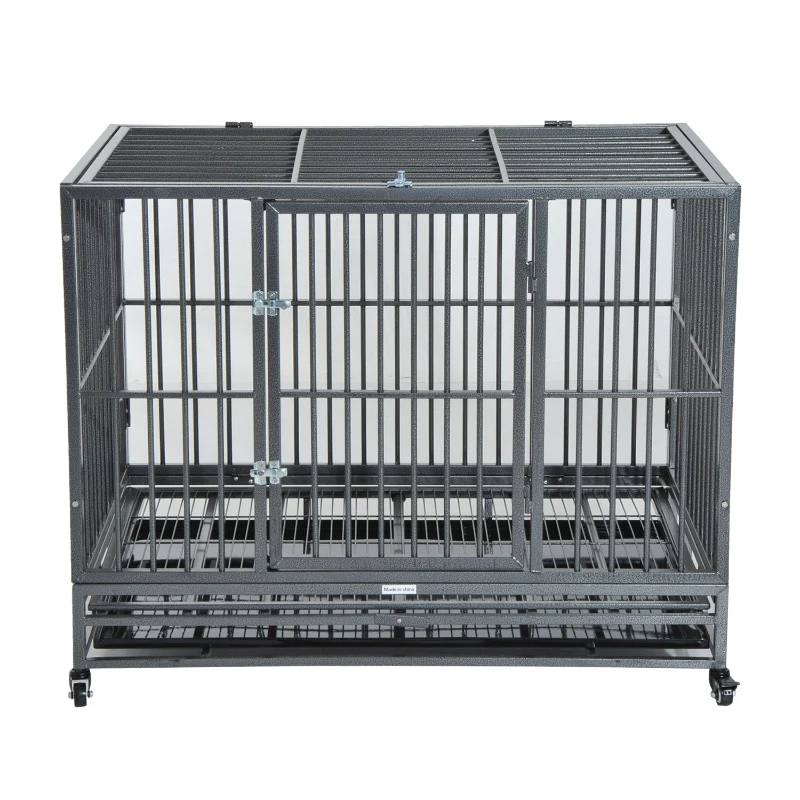 PawHut Heavy Duty Dog Cage Wheeled Pet Crate Exercise Kennel Double Door w/ Metal Tray Grey