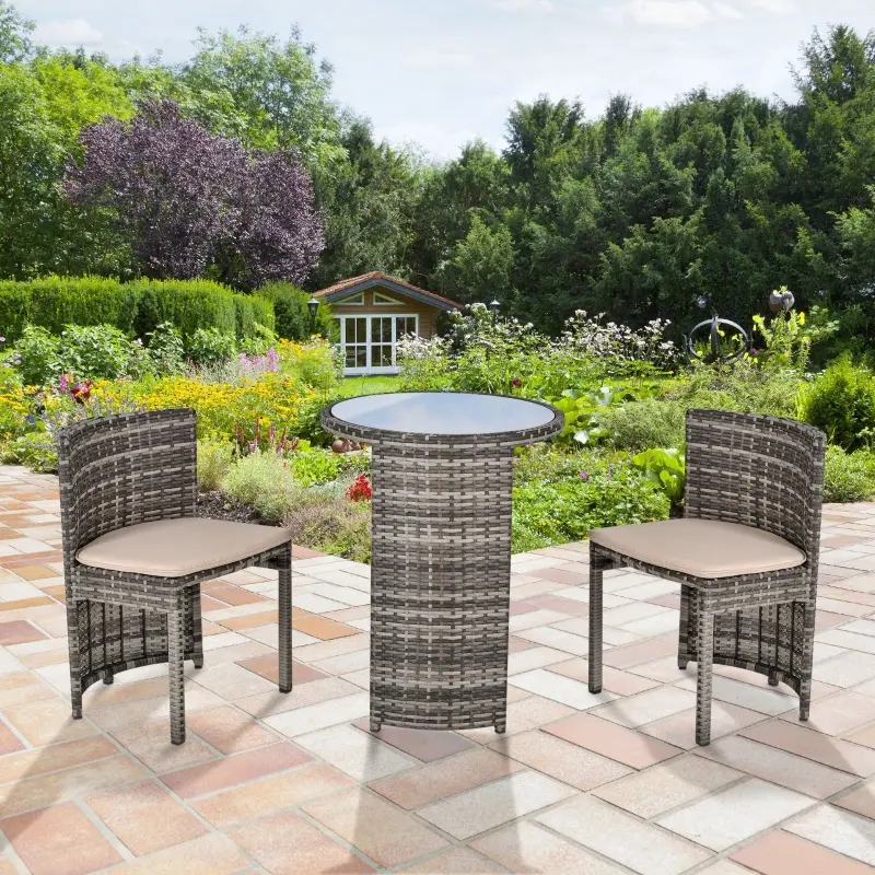 Outsunny 3 PCS Outdoor Rattan Wicker Bistro Set with Storage Shelf, Glass Top Table, Soft Cushioned Chairs and Space Saving Design, Patio Conversation Set for Garden Backyard Porch, Grey