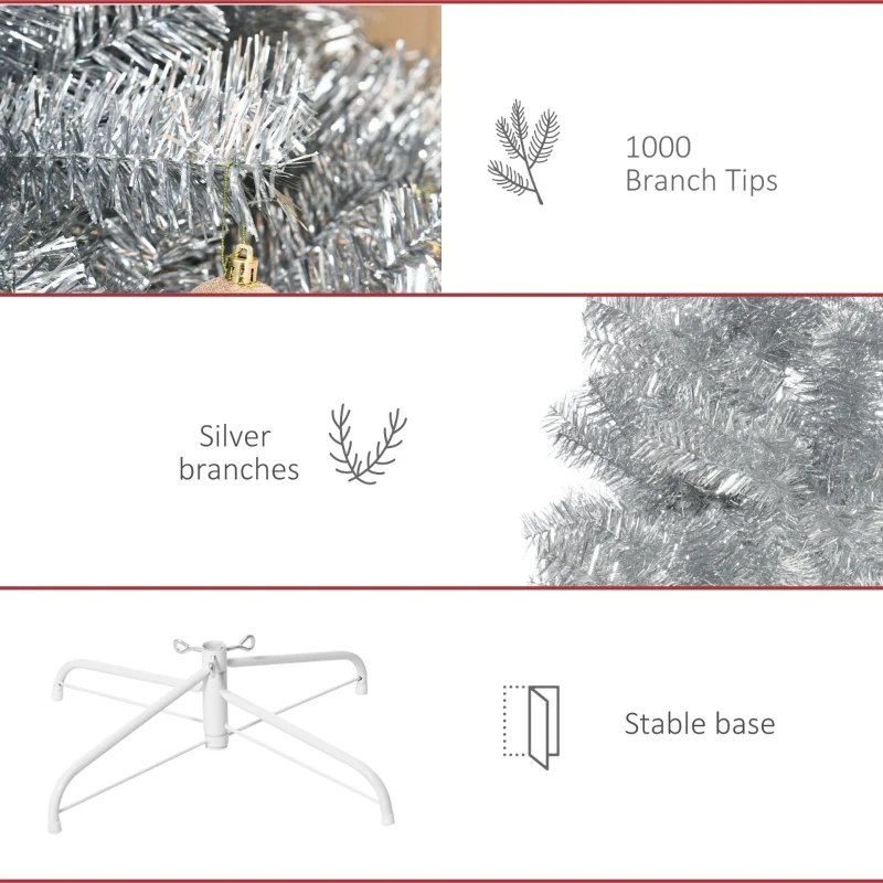 HOMCOM 6ft Unlit Full Pine Artificial Christmas Tree with Realistic Branches, Fake Holiday Tree with 1000 Tips, Silver
