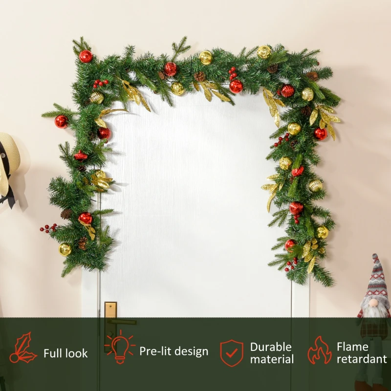 HOMCOM 9FT Pre-Lit Christmas Garland Decoration Artificial Greenery w/ Pine Cone  Ball