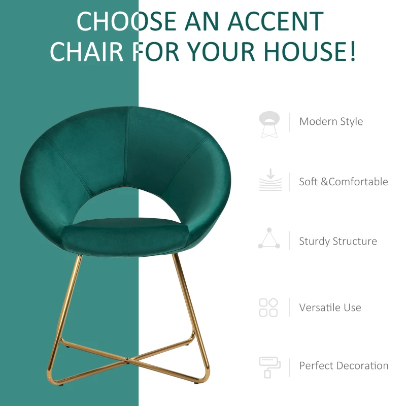 HOMCOM Modern Accent Velvet Chair Open Curved Mid-Back Upholstered Vanity Chair with Gold Plating Metal Legs for Living Room/Office/Reception Green