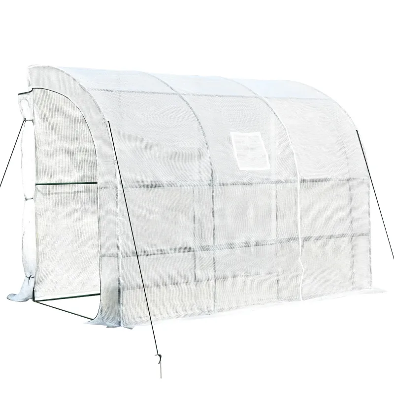 Outsunny Walk-in Wall Lean-to Greenhouse, 10' x 5' x 7' Outdoor Gardening Green House with PE Cover, Windows, Shelves and 2 Zipper Doors, Clear