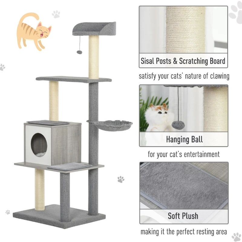 PawHut Multi-Level Cat Tree Condo with Sisal-Covered Scratching Posts, Sleeping House, and Fun Laying Basket for Kittens