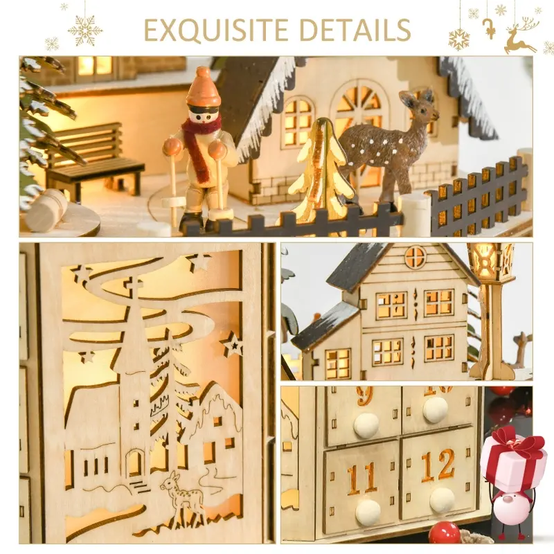 HOMCOM Christmas Advent Calendar, Light Up Table Xmas Wooden Holiday Decoration with Countdown Drawers and Village, for Kids and Adults, Natural