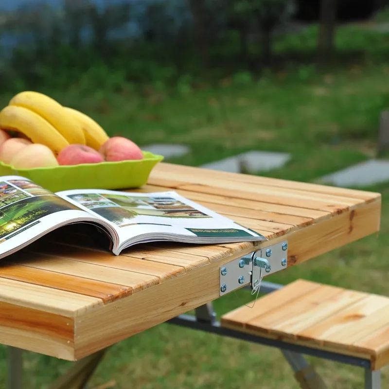 Outsunny 54" Portable Camping Table with 4 seat Wooden Portable Folding Picnic Table Set with Umbrella Hole