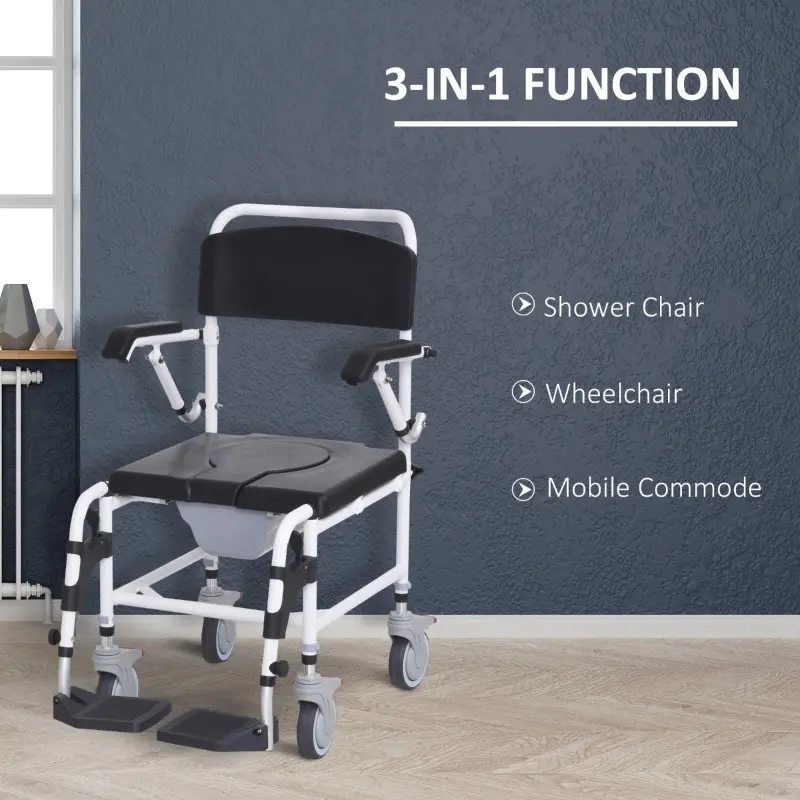 HOMCOM Accessibility Commode Wheelchair, Rolling Shower Wheelchair with 4 Castor Wheels, Rectangle Detachable Bucket, & Waterproof Design, 17" Seat Width, Black