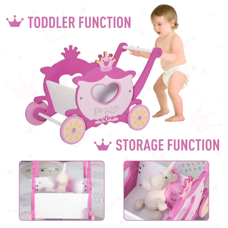 Qaba 2-in-1 Baby Learning Walker Wooden Storage Strollers Toddler Push/Pull Wagon Toys Crown Theme for Girls Boys 1-3 years Old