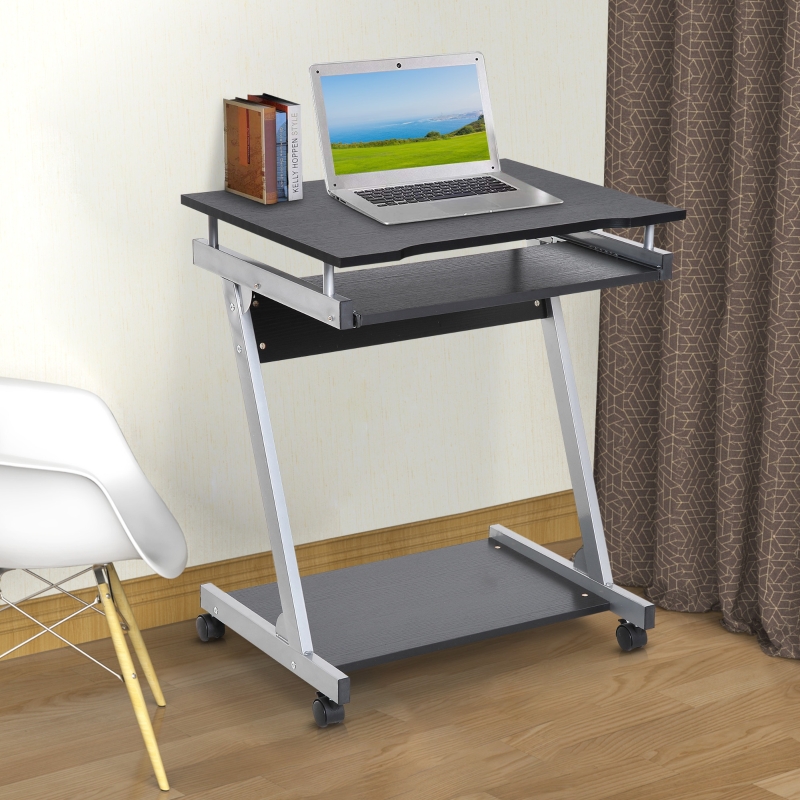 HOMCOM Mobile Compact Computer Cart Desk with Keyboard Tray Standing Workstation with Casters for Storage Black Sliver