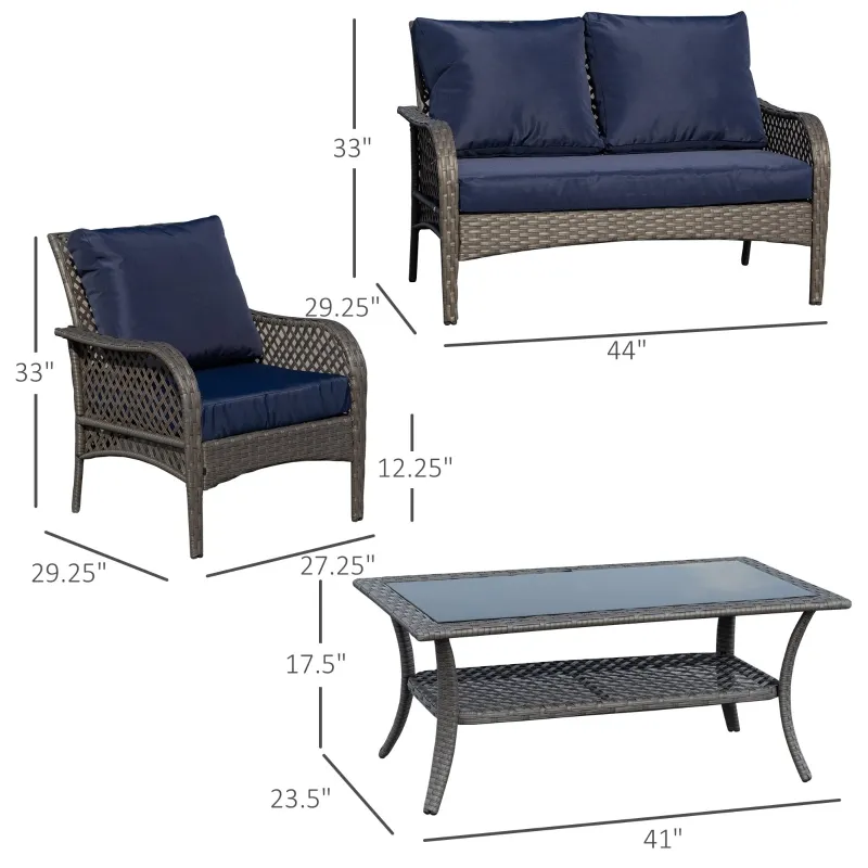 Outsunny 4-Piece Outdoor Wicker Sofa Set, Outdoor PE Rattan Conversation Furniture with 4 Chairs & Table, Water-Fighting Material, Blue