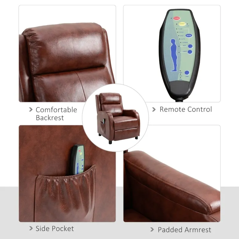 HOMCOM Massage Recliner Chair Padded Seat Cushion 165° Reclining Sofa with Side Pocket for Living Room, PU Leather, Remote Control, Light Brown