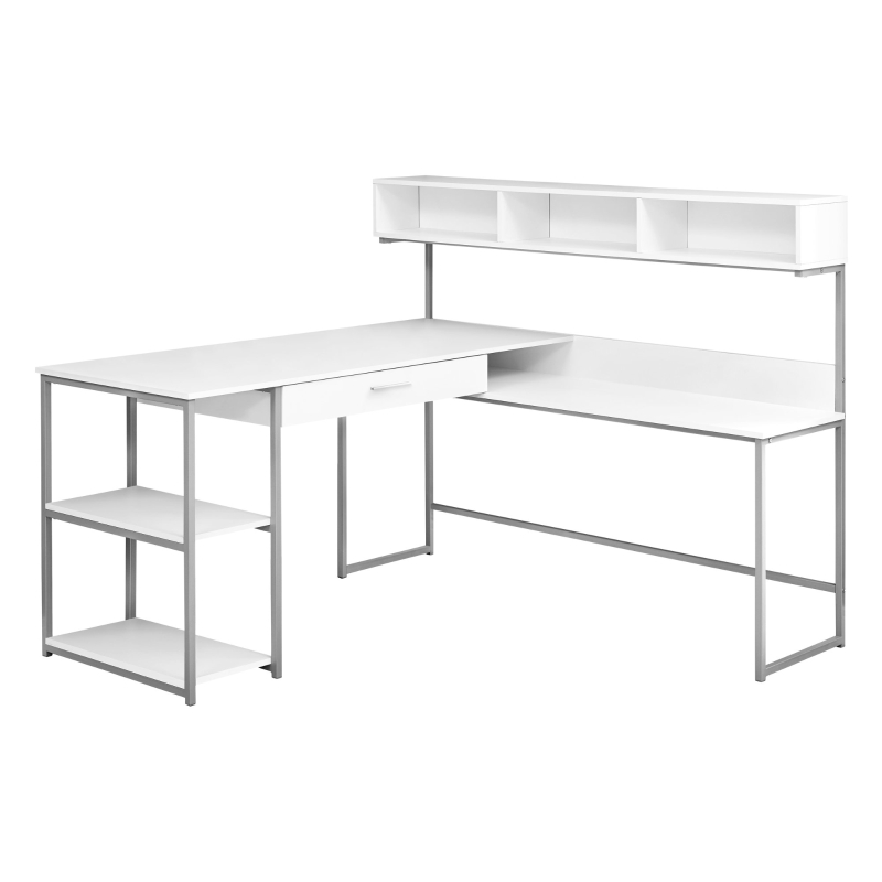 Monarch L-Shaped Contemporary Open Concept Computer Desk with Storage - White / Silver Metal