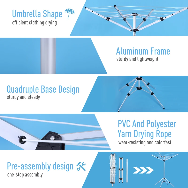 HOMCOM 52.5ft Foldable Clothes Aluminum Umbrella Shaped Drying Rack Dryer 4 Arms 20 Lines Indoor Outdoor Pre-Assembled