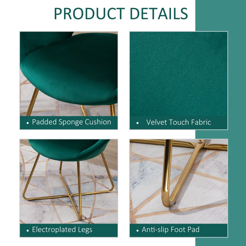 HOMCOM Modern Accent Velvet Chair Open Curved Mid-Back Upholstered Vanity Chair with Gold Plating Metal Legs for Living Room/Office/Reception Green
