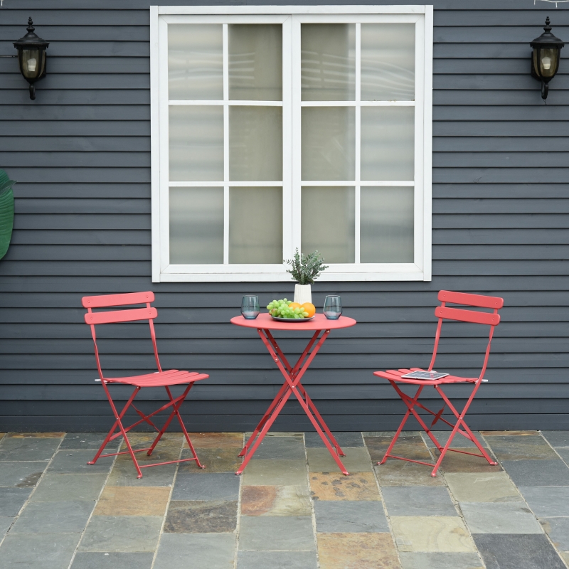 Outsunny 3pc Garden Table Set Foldable Dining Set with 1 Round Table and 2 Chairs Backyard Outdoor Red