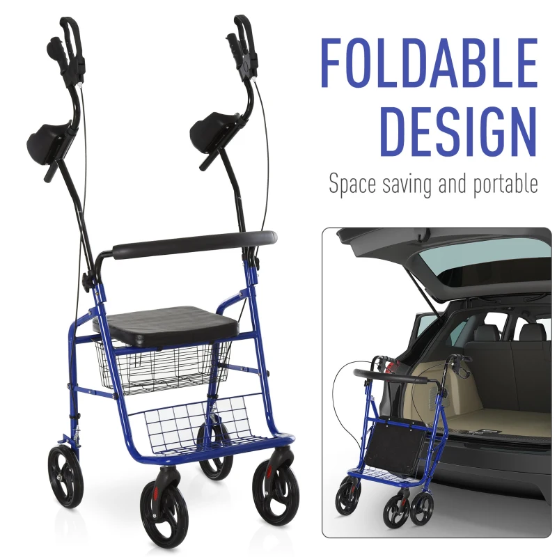 HOMCOM Adjustable Rollator Walker for Seniors with a Foldable Comfort Design, Steel Handbrakes, & Storage Space