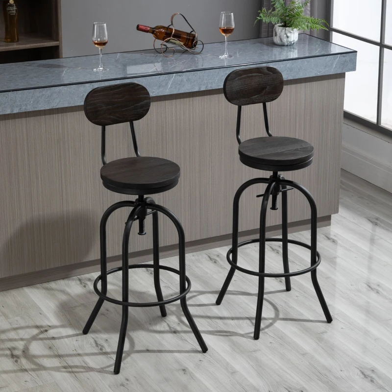 HOMCOM Set of 2 Swivel Mid-Back Barstools, Industrial Style Kitchen Stool Wooden Seat Armless with Adjustable Height ,Steel Frame