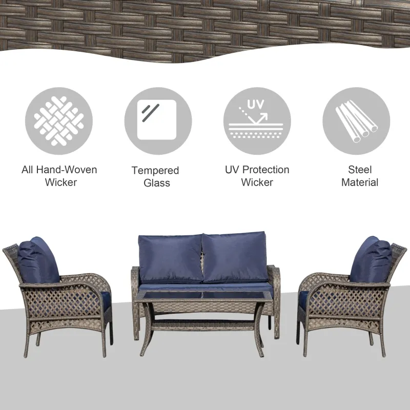 Outsunny 4-Piece Outdoor Wicker Sofa Set, Outdoor PE Rattan Conversation Furniture with 4 Chairs & Table, Water-Fighting Material, Blue