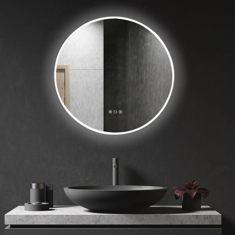 kleankin 24"x24" Round LED Bathroom Mirror with Defogging Function, Touch Switch, and 3 Color White Temperatures