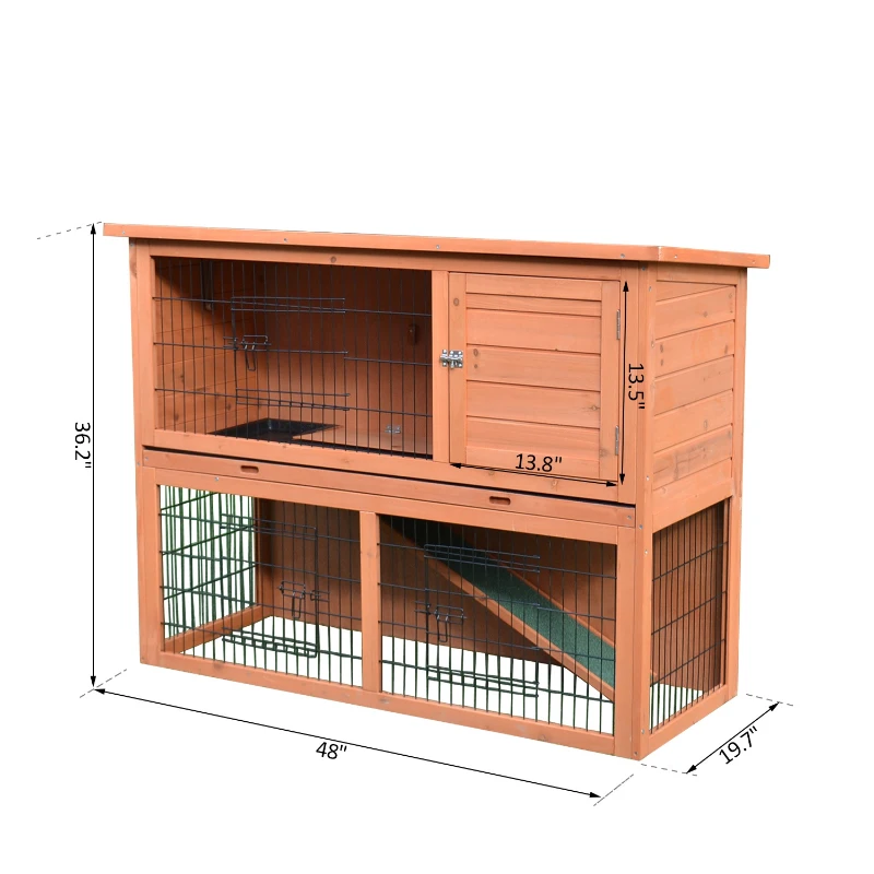 PawHut 48" L Wooden Rabbit Hutch Pet Playpen 4 Door House Enclosure with Ramp, for Rabbits and Small Animals, Natural Wood