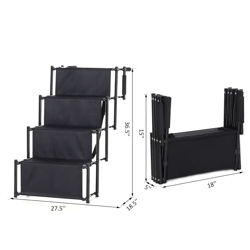 PawHut 4 Step Foldable Portable Pet Stairs Ramp Compact and Lightweight Nonslip Oxford Waterproof, includes safety tether for Indoor Outdoor Use, Black