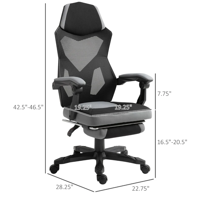 Vinsetto Home Office Chair Adjustable Height Recliner with Retractable Footrest, Mesh Back - Gray