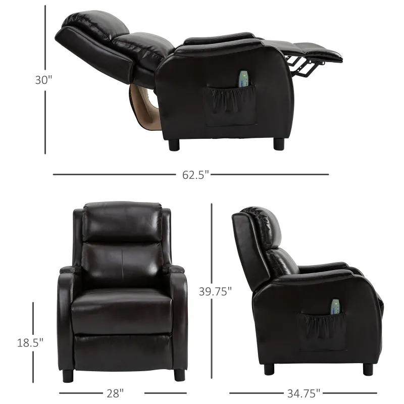HOMCOM Massage Recliner Chair Padded Seat Cushion 165° Reclining Sofa with Side Pocket for Living Room, PU Leather, Remote Control, Dark Brown