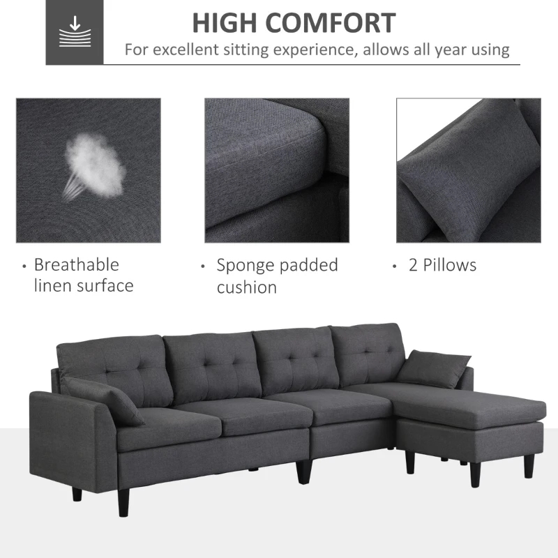 HomCom Elegant 3 Piece Sofa Chaise Lounge Set with Wooden Leg Footstool, & Large Multifunctional Loveseat - Grey