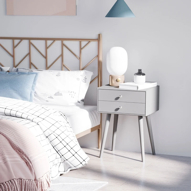 HOMCOM Side Table, Modern End Table with 2 Pull Out Drawers, Bedside Table with Display Tabletop and Solid Acacia Legs, Gray