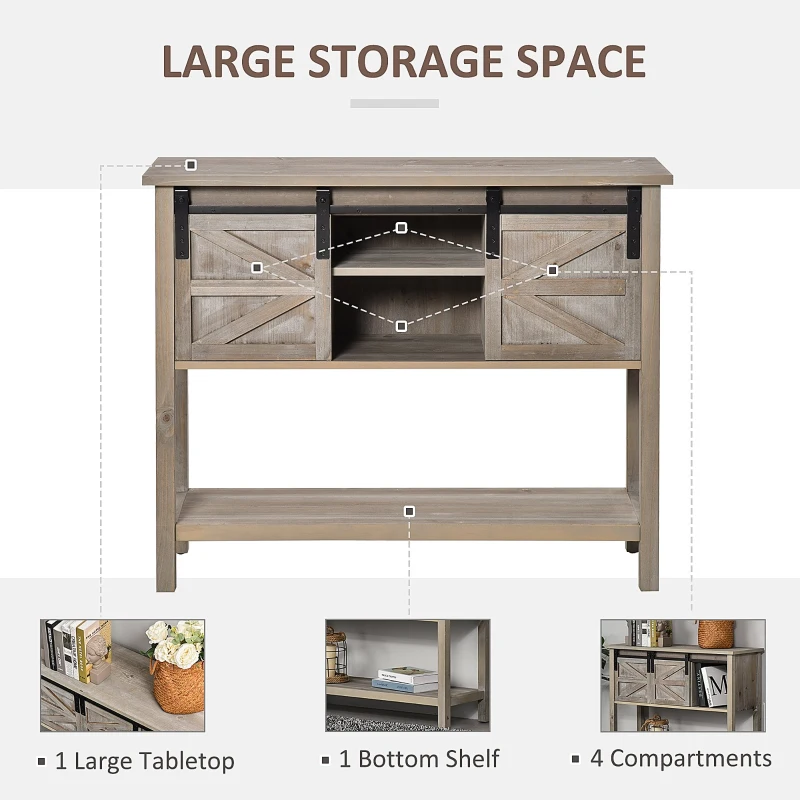 HOMCOM Farmhouse Style Console Table with Sliding Barn Doors and 4 Open Storage Compartments and Elevated Base, Grey