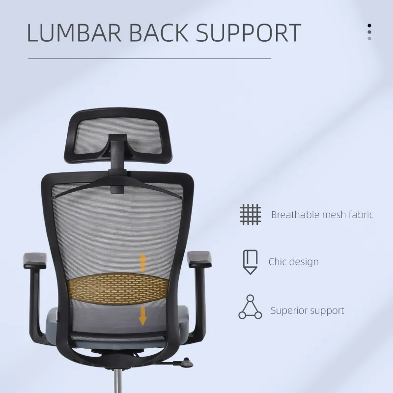 Vinsetto Mesh Office Chair with Lumbar Back Support High Back Swivel Task Chair, Adjustable Height Head Pillow, Blue Grey