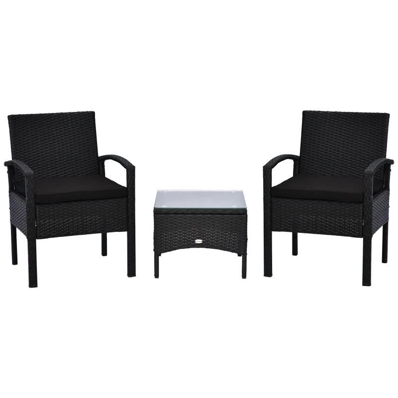 Outsunny 3 Pieces Wicker Patio Furniture Set, Rattan Bistro Set with Coffee Table and Cushions, Outdoor Conversation Set for Garden, Porch, Balcony, Black