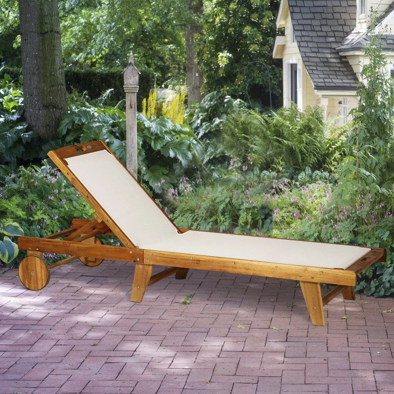 Outsunny Mesh Acacia Wood Adjustable Outdoor Sun Lounger with Wheels