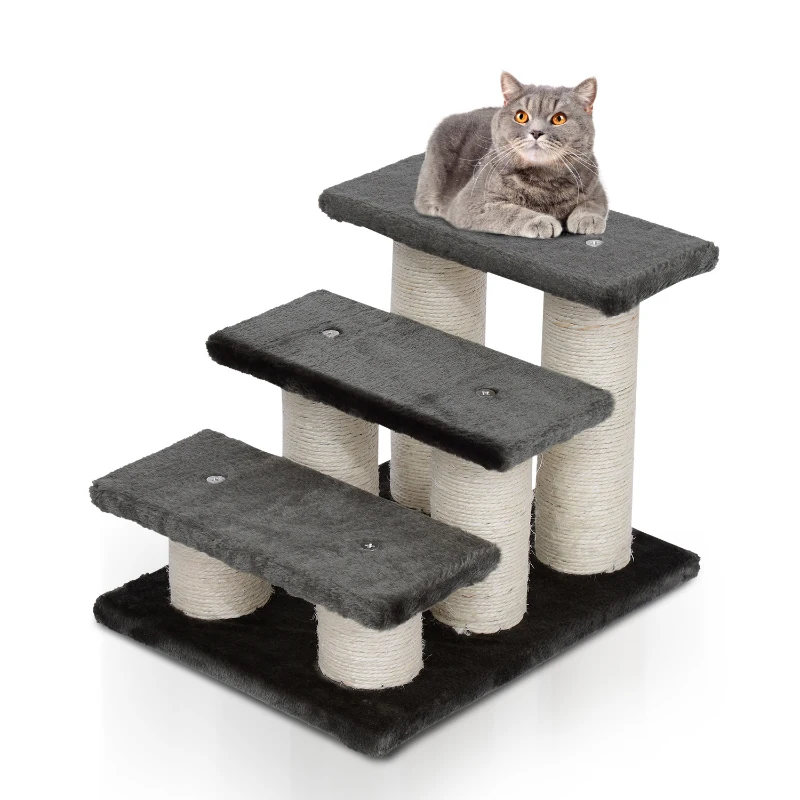 PawHut 3 Tier Pet Stairs Dog Cat Steps Kitty Scatching Post Cat Scratch Furniture Dark Grey