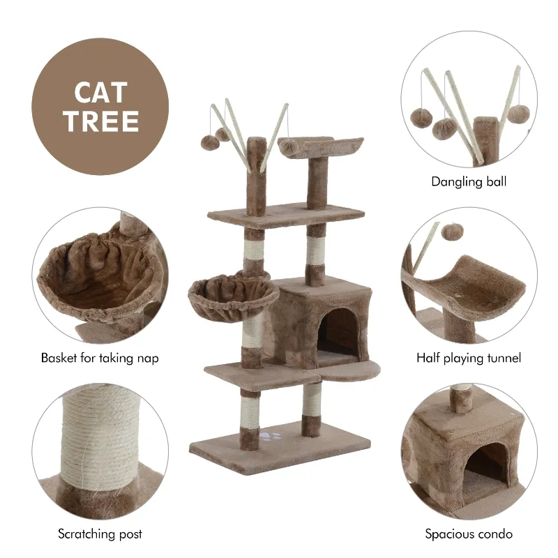 PawHut 53" Multi-Level Scratching Cat Tree Play House with Two Condos and Toys Light Brown