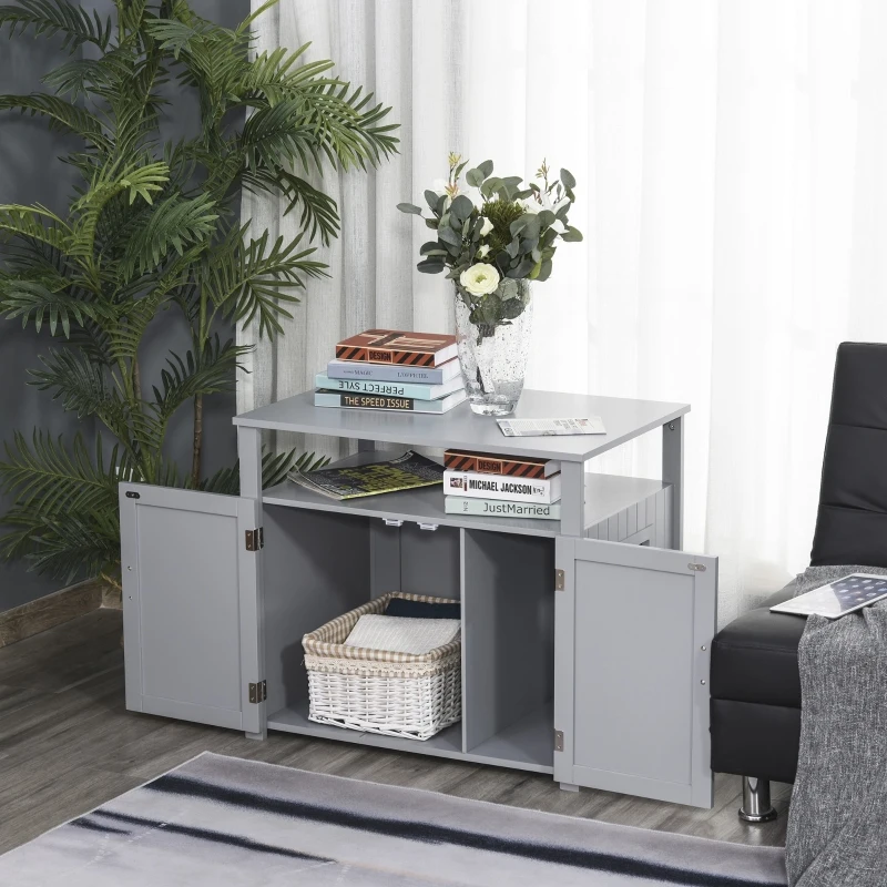 PawHut Wooden Cat Litter Box Enclosure, Adjustable Interior Wall, Pet-Friendly Furniture, Grey