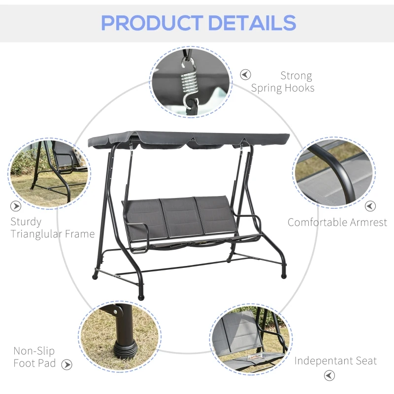 Outsunny 3-Seater Porch Swing Chair Outdoor Patio Bench for Deck with Adjustable Canopy, Padded Sling Fabric Seat