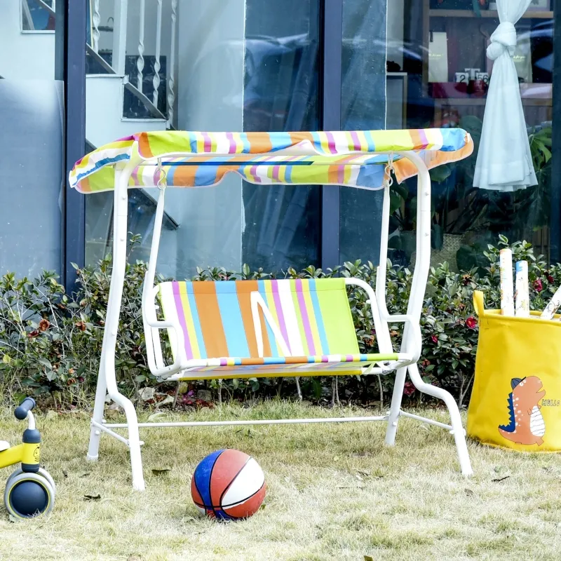 Outsunny Kids Porch Swing, Outdoor 2-Seat Children Patio Chair, Toddler Glider with Adjustable Canopy, Seat Belt for Garden Backyard Colorful Stripes