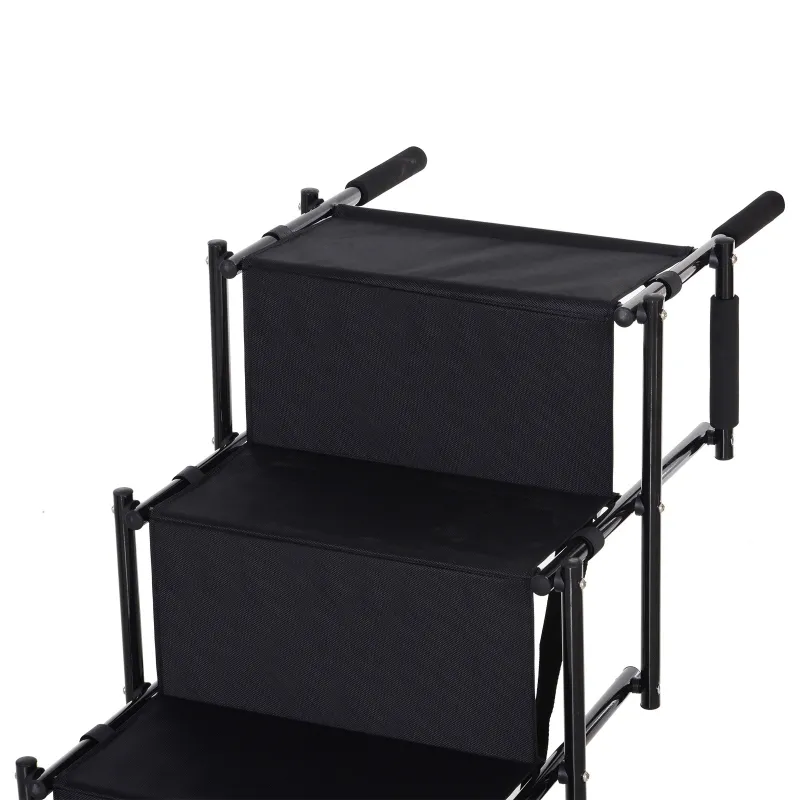 PawHut 4 Step Foldable Portable Pet Stairs Ramp Compact and Lightweight Nonslip Oxford Waterproof, includes safety tether for Indoor Outdoor Use, Black
