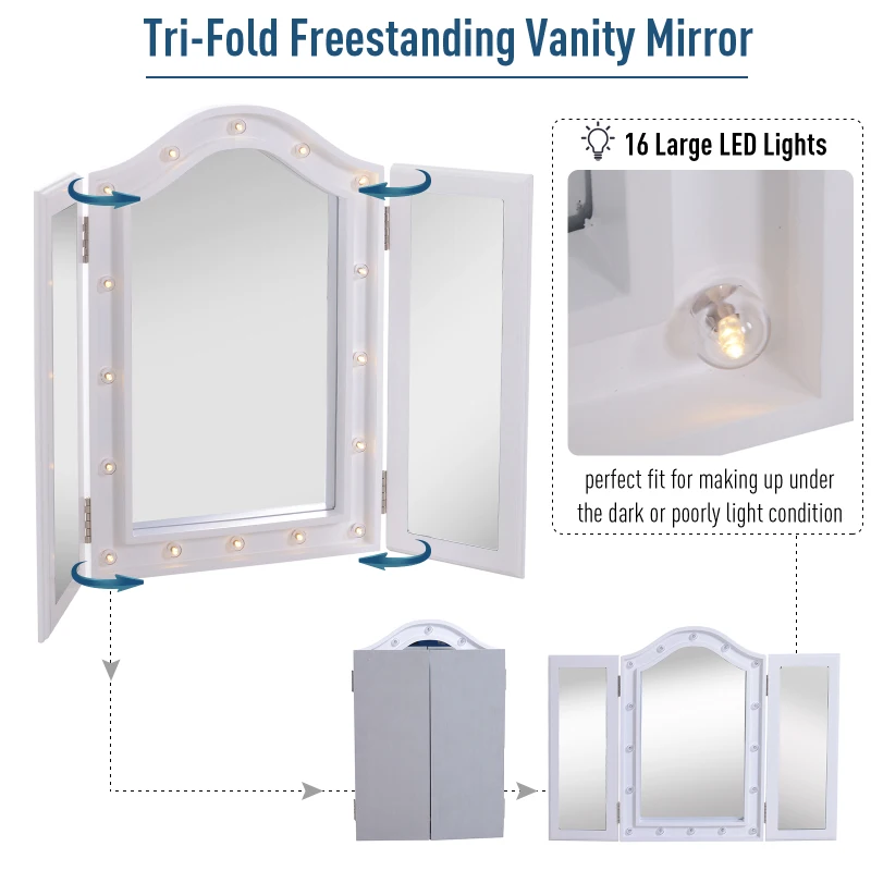 HOMCOM Lighted Tabletop Tri-Fold Vanity Mirror w/ LED Lights White