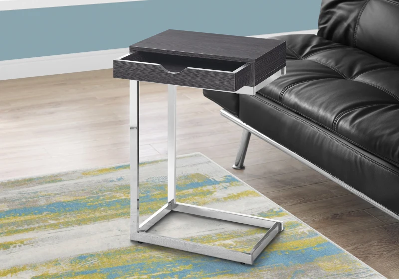 Monarch 25" Contemporary Chrome Metal Base C-Shaped Side Accent Table with Storage Drawer - Grey Wood Grain-Look Finish