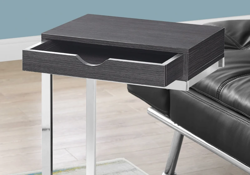 Monarch 25" Contemporary Chrome Metal Base C-Shaped Side Accent Table with Storage Drawer - Grey Wood Grain-Look Finish